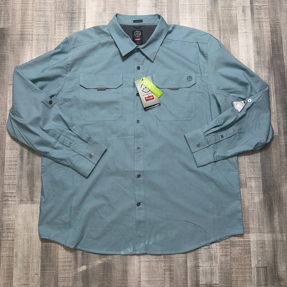 Wrangler ATG Mens Button Up Utility Shirt Size 2XL Blue Solid Long Sleeve NWT